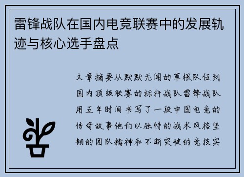 雷锋战队在国内电竞联赛中的发展轨迹与核心选手盘点